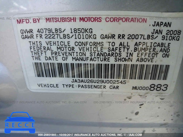 2009 Mitsubishi Lancer ES/ES SPORT JA3AU26U29U002545 зображення 8