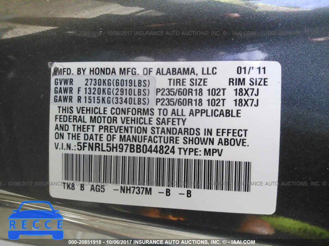 2011 Honda Odyssey 5FNRL5H97BB044824 image 8