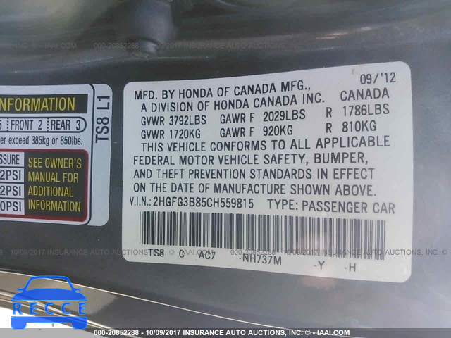 2012 Honda Civic 2HGFG3B85CH559815 image 8