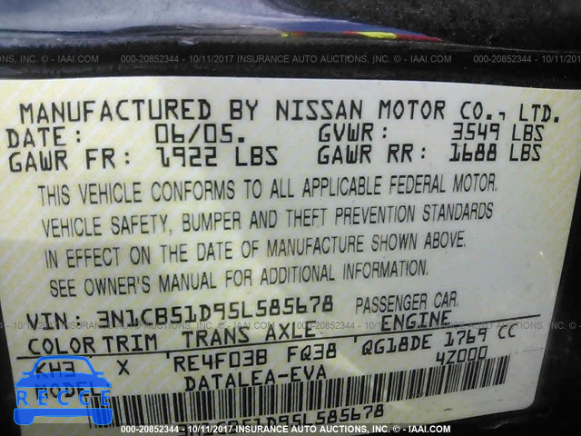 2005 Nissan Sentra 1.8/1.8S 3N1CB51D95L585678 image 8