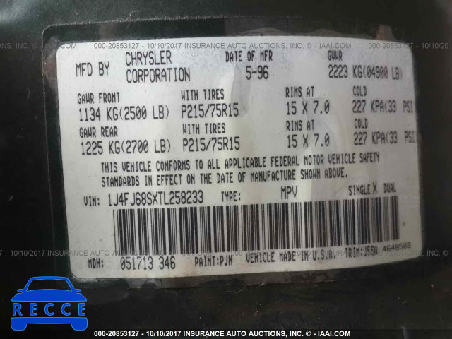 1996 Jeep Cherokee 1J4FJ68SXTL258233 image 8