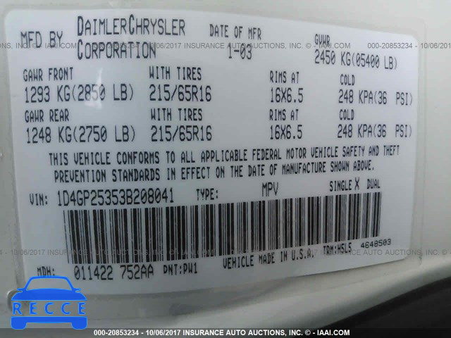 2003 Dodge Caravan 1D4GP25353B208041 image 8