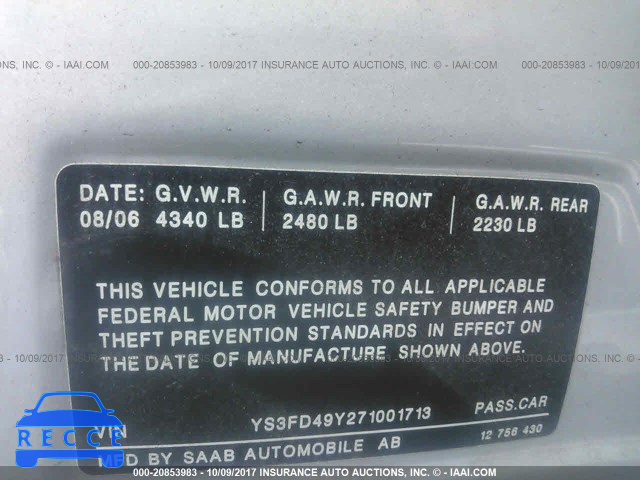 2007 Saab 9-3 YS3FD49Y271001713 image 8