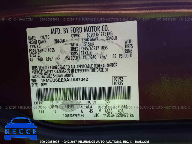 2010 Ford Explorer EDDIE BAUER 1FMEU6EE0AUA87342 image 8