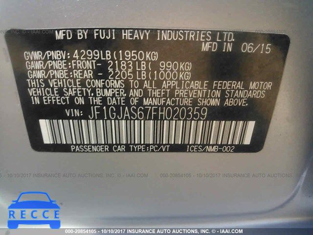 2015 Subaru Impreza JF1GJAS67FH020359 зображення 8