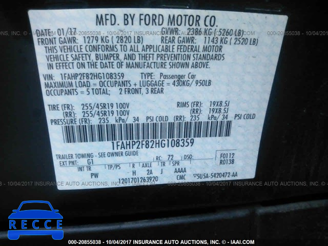 2017 FORD TAURUS 1FAHP2F82HG108359 image 8