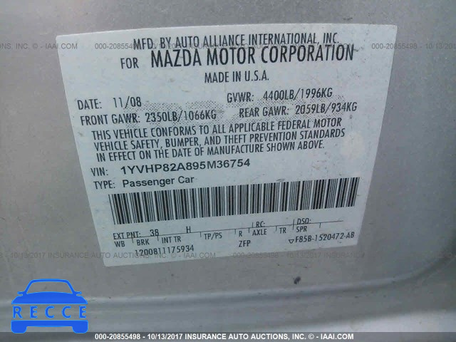 2009 Mazda 6 1YVHP82A895M36754 зображення 8