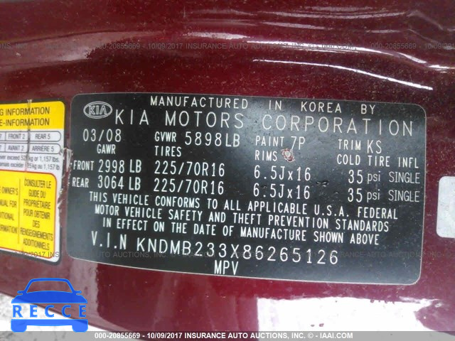 2008 KIA Sedona KNDMB233X86265126 image 8