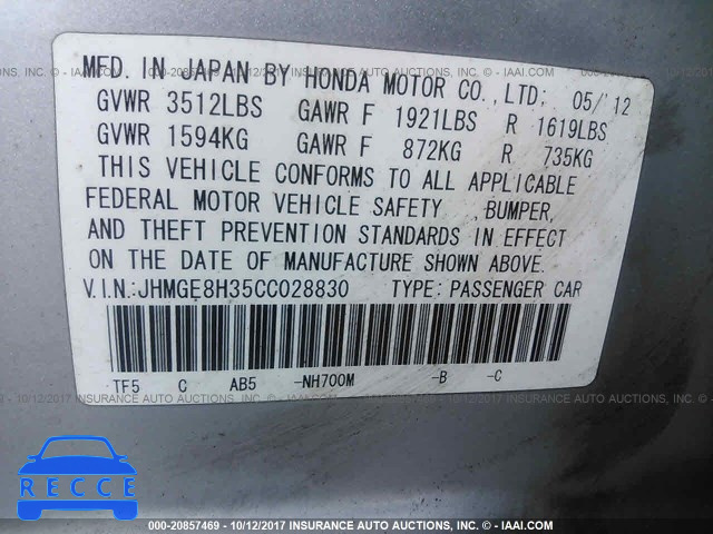 2012 HONDA FIT JHMGE8H35CC028830 image 8