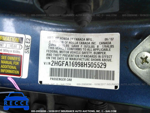 2008 Honda Civic 2HGFA16998H505529 зображення 8