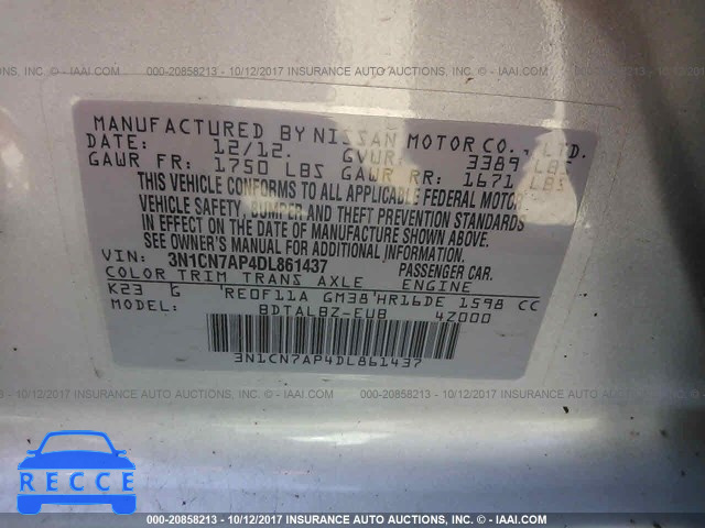 2013 Nissan Versa 3N1CN7AP4DL861437 зображення 8