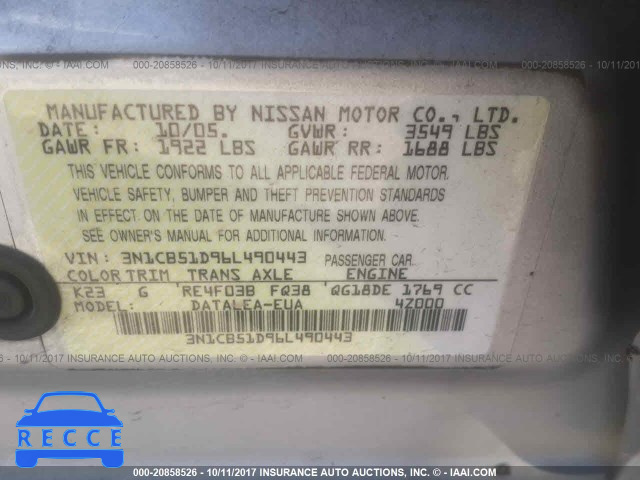 2006 Nissan Sentra 3N1CB51D96L490443 image 8