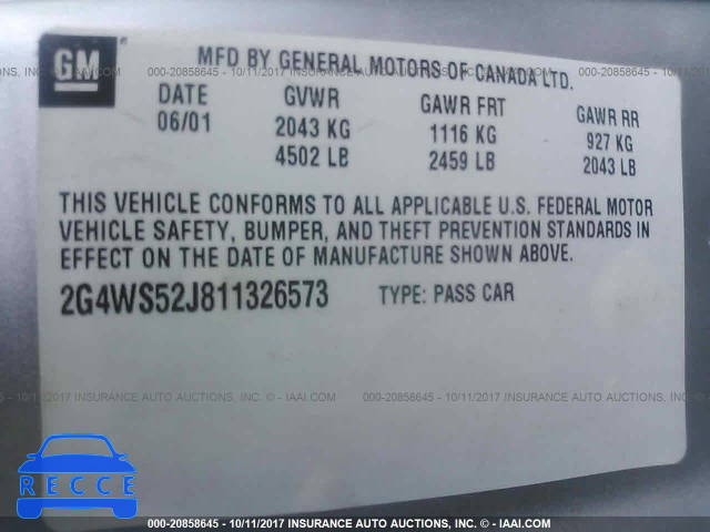 2001 Buick Century 2G4WS52J811326573 image 8