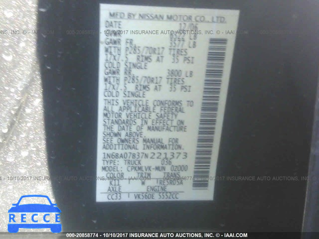 2007 Nissan Titan XE/SE/LE 1N6BA07B37N221373 image 8