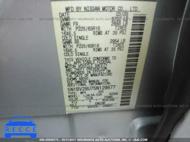 2005 Nissan Quest 5N1BV28U75N129677 image 8