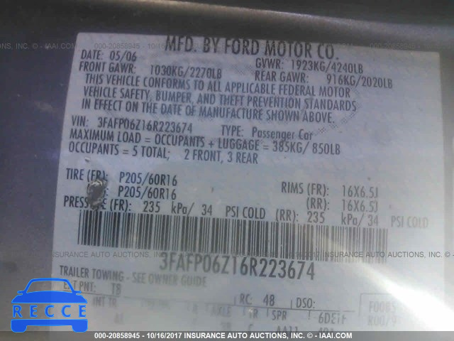 2006 Ford Fusion 3FAFP06Z16R223674 image 8