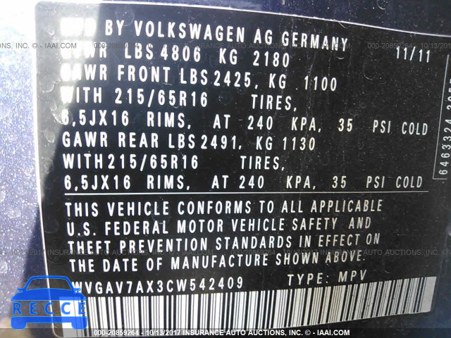 2012 VOLKSWAGEN TIGUAN S/SE/SEL WVGAV7AX3CW542409 image 8