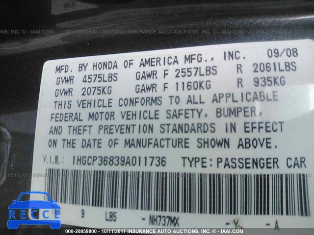 2009 Honda Accord 1HGCP36839A011736 image 8