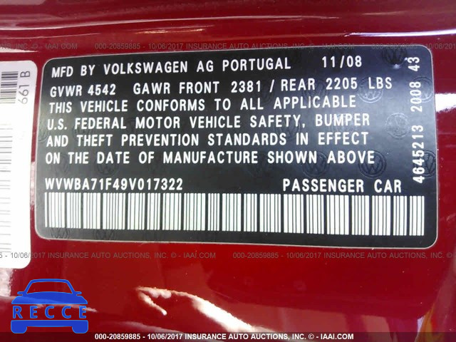 2009 Volkswagen EOS TURBO/KOMFORT WVWBA71F49V017322 image 8