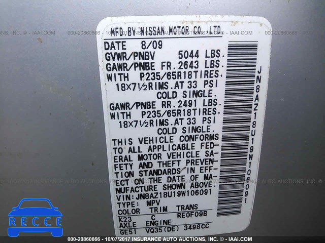 2009 Nissan Murano S/SL JN8AZ18U19W106091 Bild 8