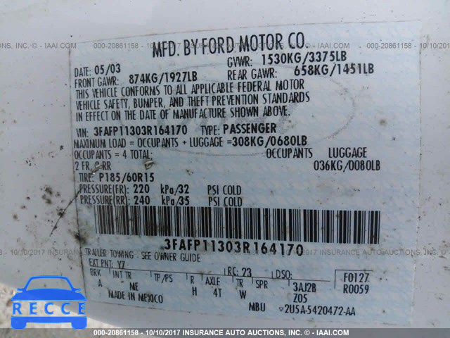 2003 Ford Escort 3FAFP11303R164170 зображення 8
