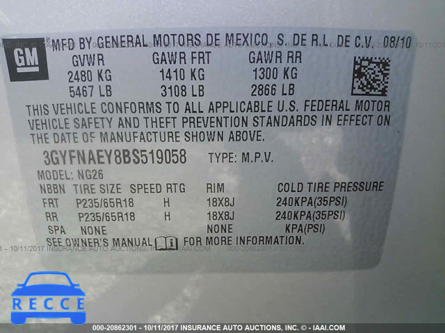 2011 Cadillac SRX LUXURY COLLECTION 3GYFNAEY8BS519058 зображення 8