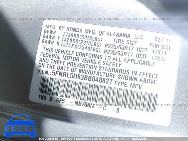 2011 Honda Odyssey EXL 5FNRL5H63BB048827 image 8