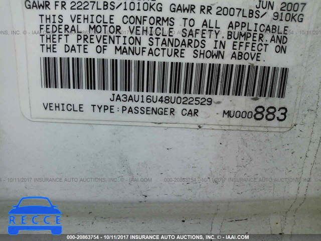 2008 Mitsubishi Lancer JA3AU16U48U022529 зображення 8