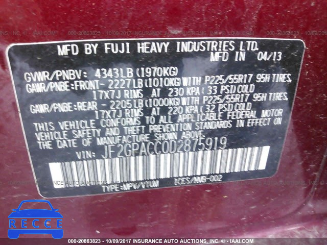 2013 Subaru Xv Crosstrek 2.0 PREMIUM JF2GPACC0D2875919 image 8