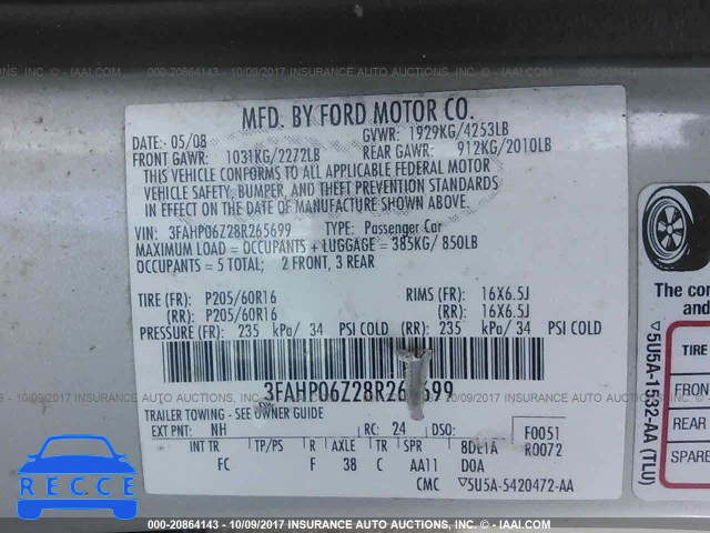 2008 Ford Fusion 3FAHP06Z28R265699 Bild 8