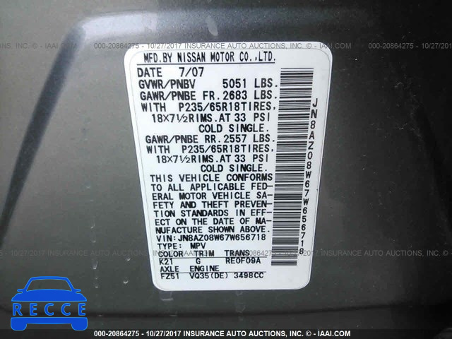 2007 Nissan Murano SL/SE/S JN8AZ08W67W656718 image 8