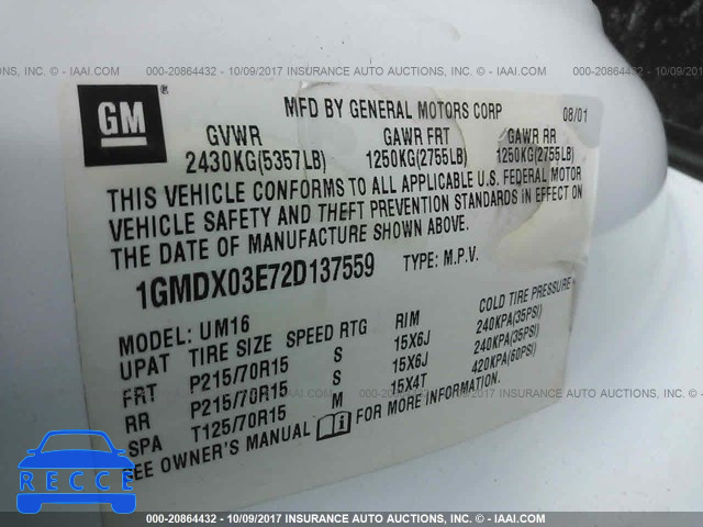 2002 Pontiac Montana 1GMDX03E72D137559 зображення 8