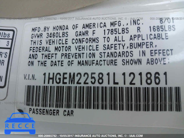 2001 HONDA CIVIC 1HGEM22581L121861 зображення 8