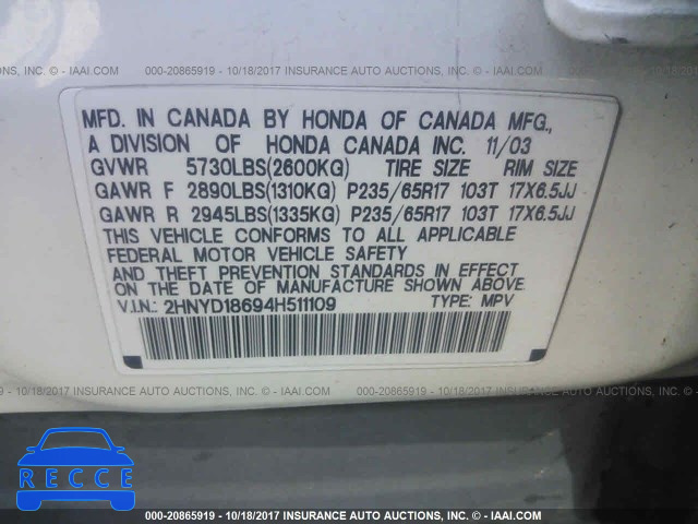 2004 Acura MDX TOURING 2HNYD18694H511109 image 8