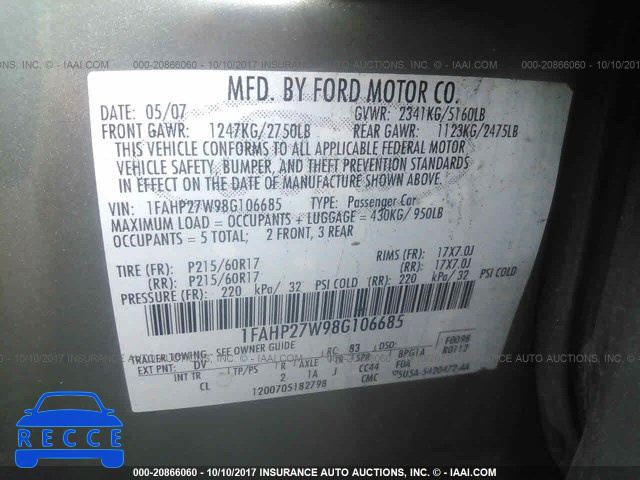 2008 Ford Taurus 1FAHP27W98G106685 image 8