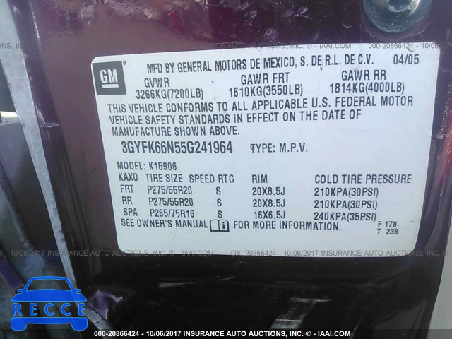 2005 Cadillac Escalade 3GYFK66N55G241964 image 8