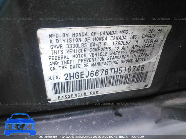 1996 Honda Civic LX 2HGEJ6676TH516746 зображення 8