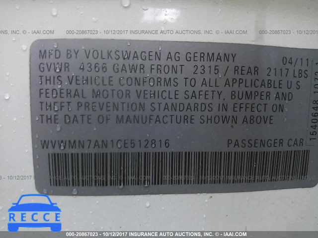 2012 Volkswagen CC SPORT/R-LINE WVWMN7AN1CE512816 image 8