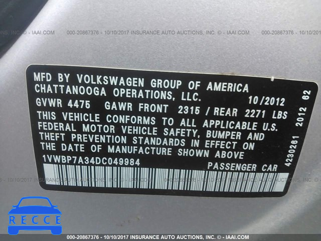 2013 VOLKSWAGEN PASSAT 1VWBP7A34DC049984 image 8