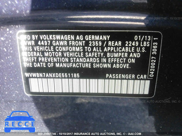 2013 Volkswagen CC SPORT WVWBN7ANXDE551185 зображення 8