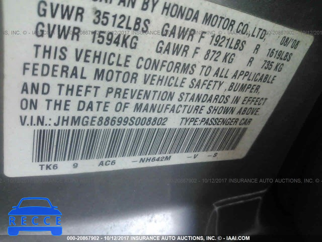 2009 Honda FIT SPORT JHMGE88699S008802 image 8