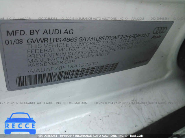 2008 Audi A4 WAUAF78E18A132330 зображення 8