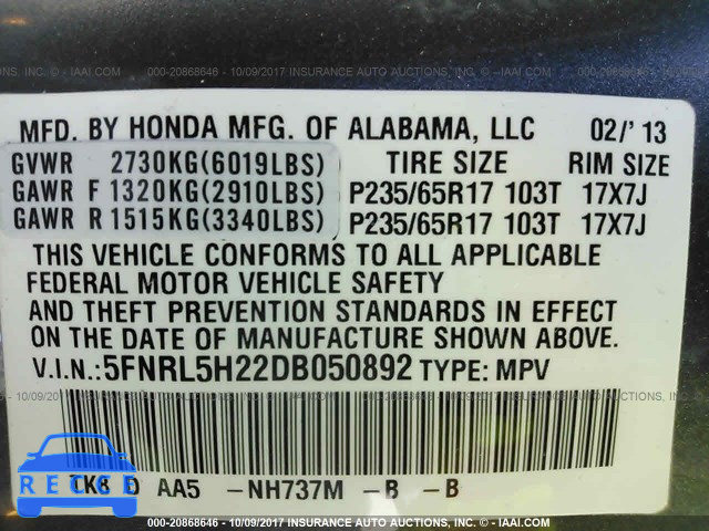 2013 Honda Odyssey 5FNRL5H22DB050892 зображення 8