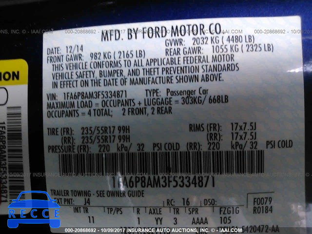 2015 Ford Mustang 1FA6P8AM3F5334871 зображення 8