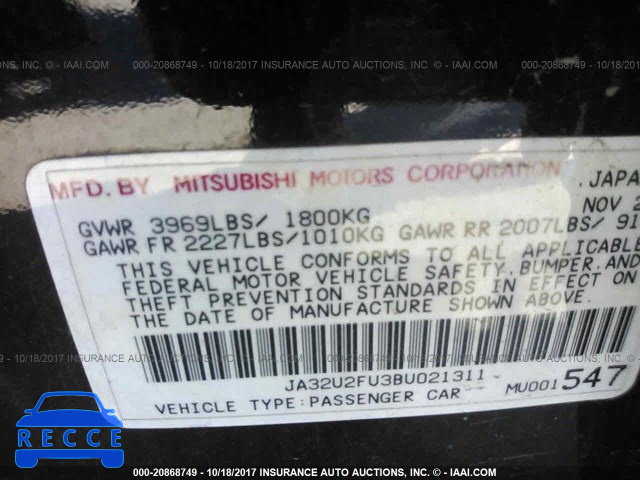 2011 Mitsubishi Lancer JA32U2FU3BU021311 Bild 8