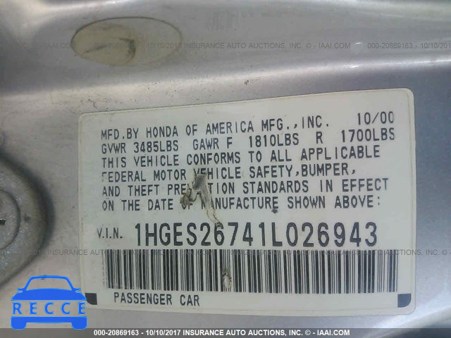 2001 Honda Civic 1HGES26741L026943 image 8