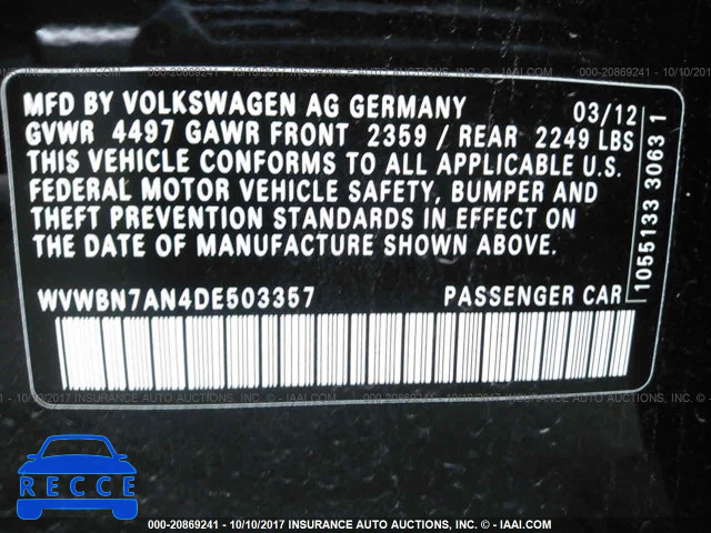 2013 Volkswagen CC SPORT WVWBN7AN4DE503357 зображення 8