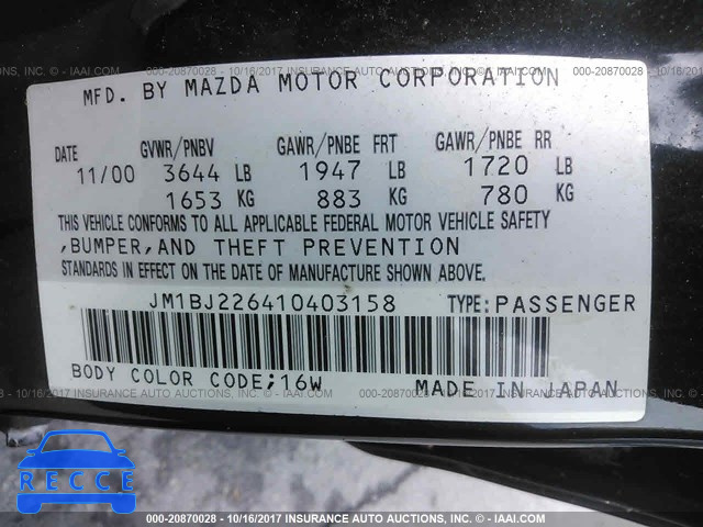 2001 MAZDA PROTEGE JM1BJ226410403158 Bild 8