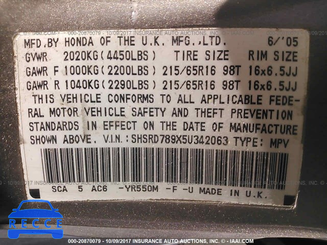 2005 Honda CR-V SHSRD789X5U342063 image 8