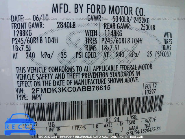 2010 Ford Edge 2FMDK3KC0ABB78815 зображення 8